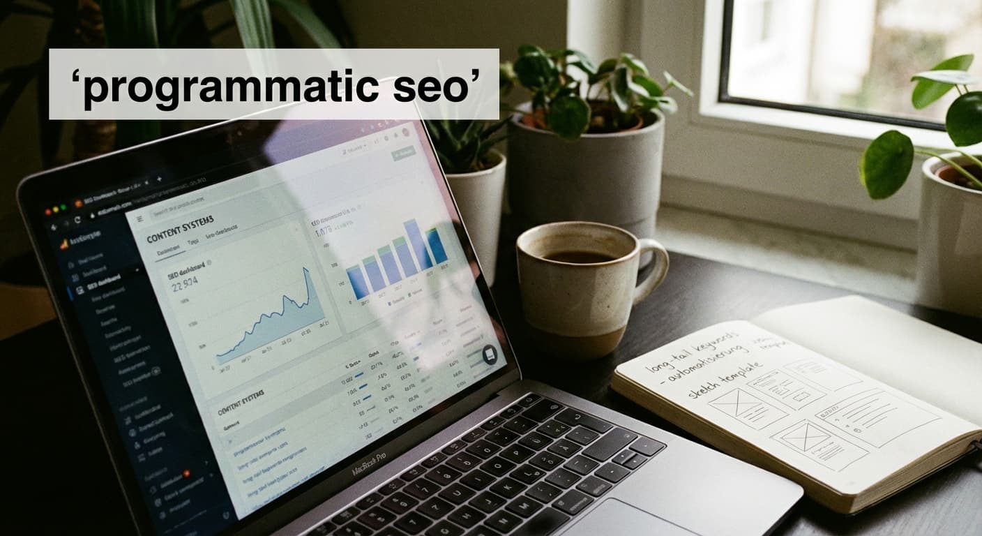 Programmatic SEO Arbeitsplatz mit Laptop, SEO-Dashboard, Long-Tail-Keyword-Notizen und Template-Planung im Büro