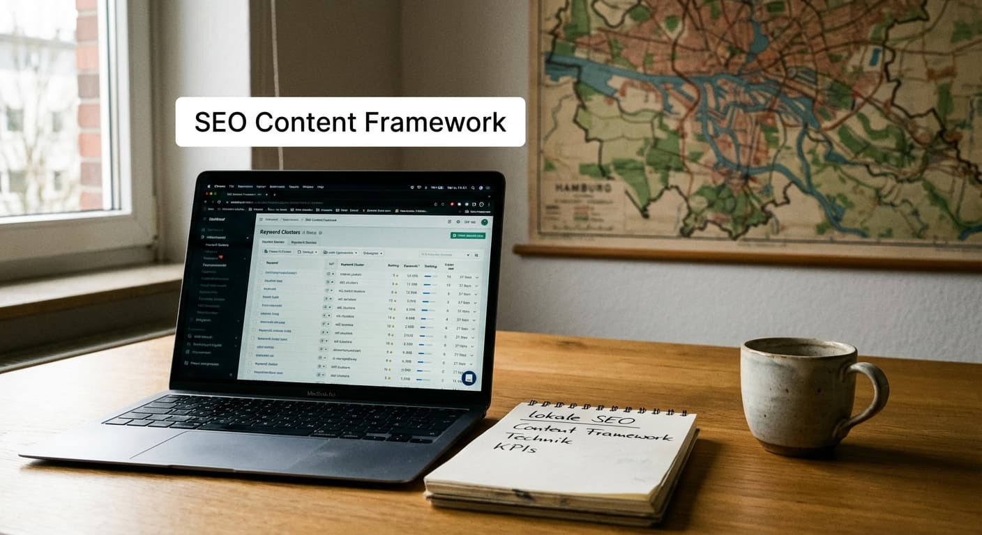 SEO Content Framework für die Auswahl einer SEO-Agentur in Hamburg, Laptop mit Dashboard, Keywords und KPIs am Schreibtisch