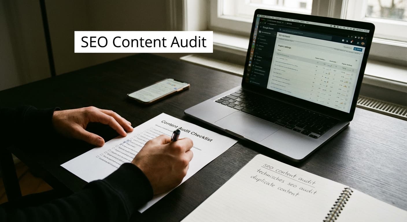 SEO Content Audit am Laptop, Dashboard mit Rankings, Audit-Checkliste und Keyword-Notizen für KMU in Hamburg