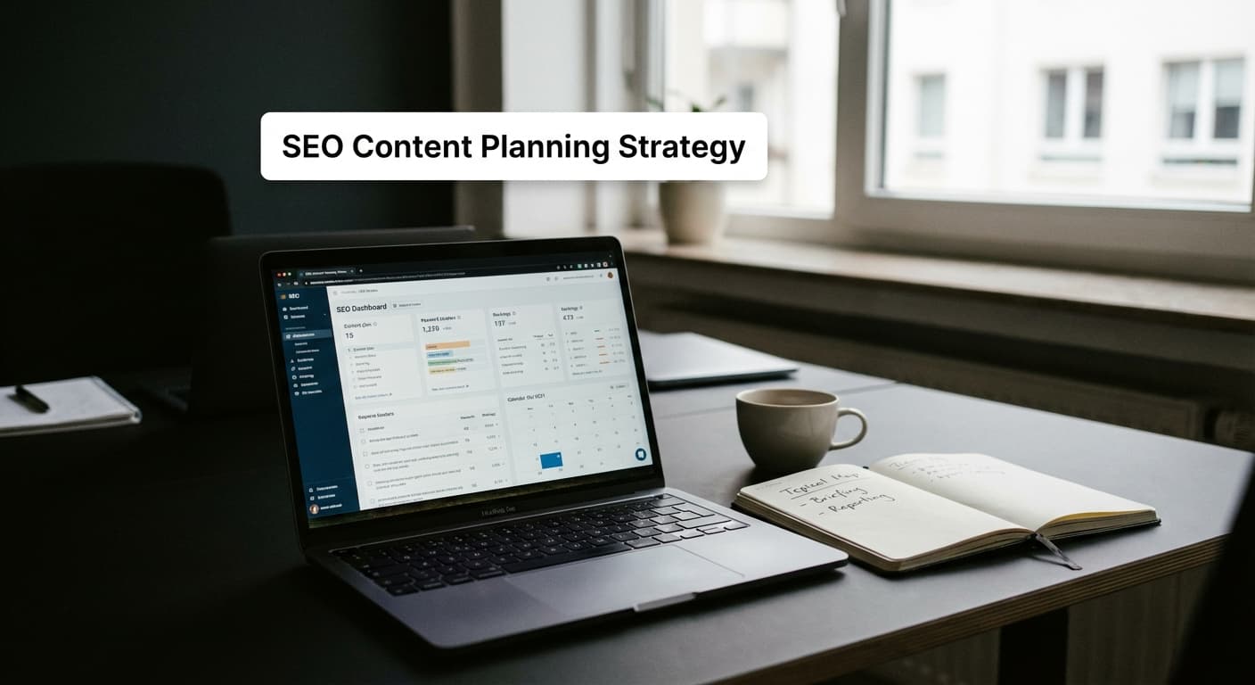 SEO Content Planning Strategy im Agentur-Setup: Laptop mit Content-Kalender, Keyword-Clustern und Reporting auf dem Schreibtisch