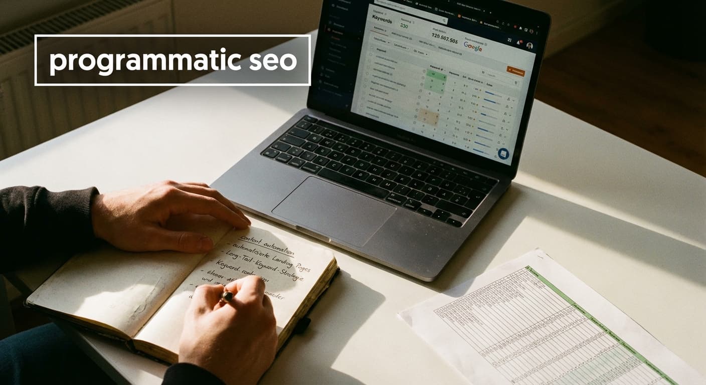 Programmatic SEO Setup: Laptop mit SEO-Dashboard, Daten-Spreadsheet und Notizen für Content Automation am Arbeitsplatz