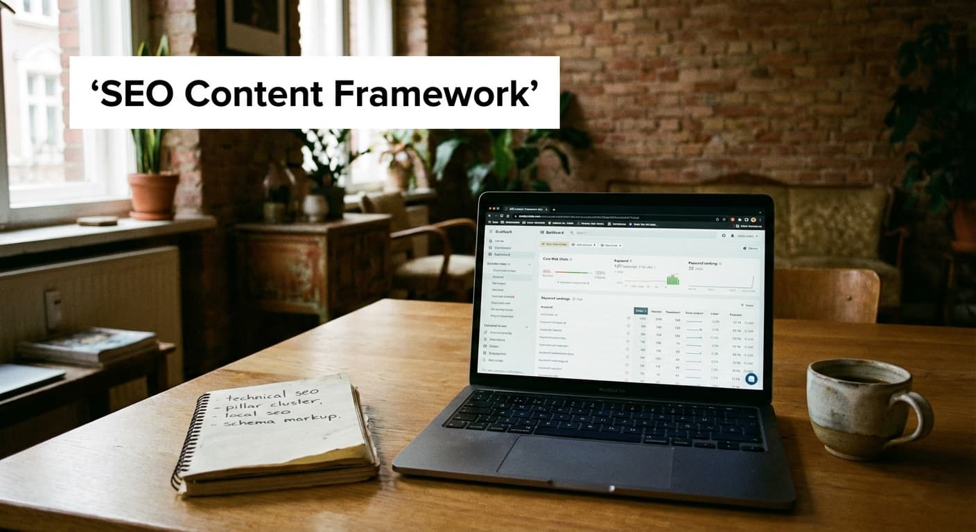 SEO Content Framework: Laptop mit SEO-Dashboard, Core Web Vitals und Content-Planung für Technical SEO in Hamburg