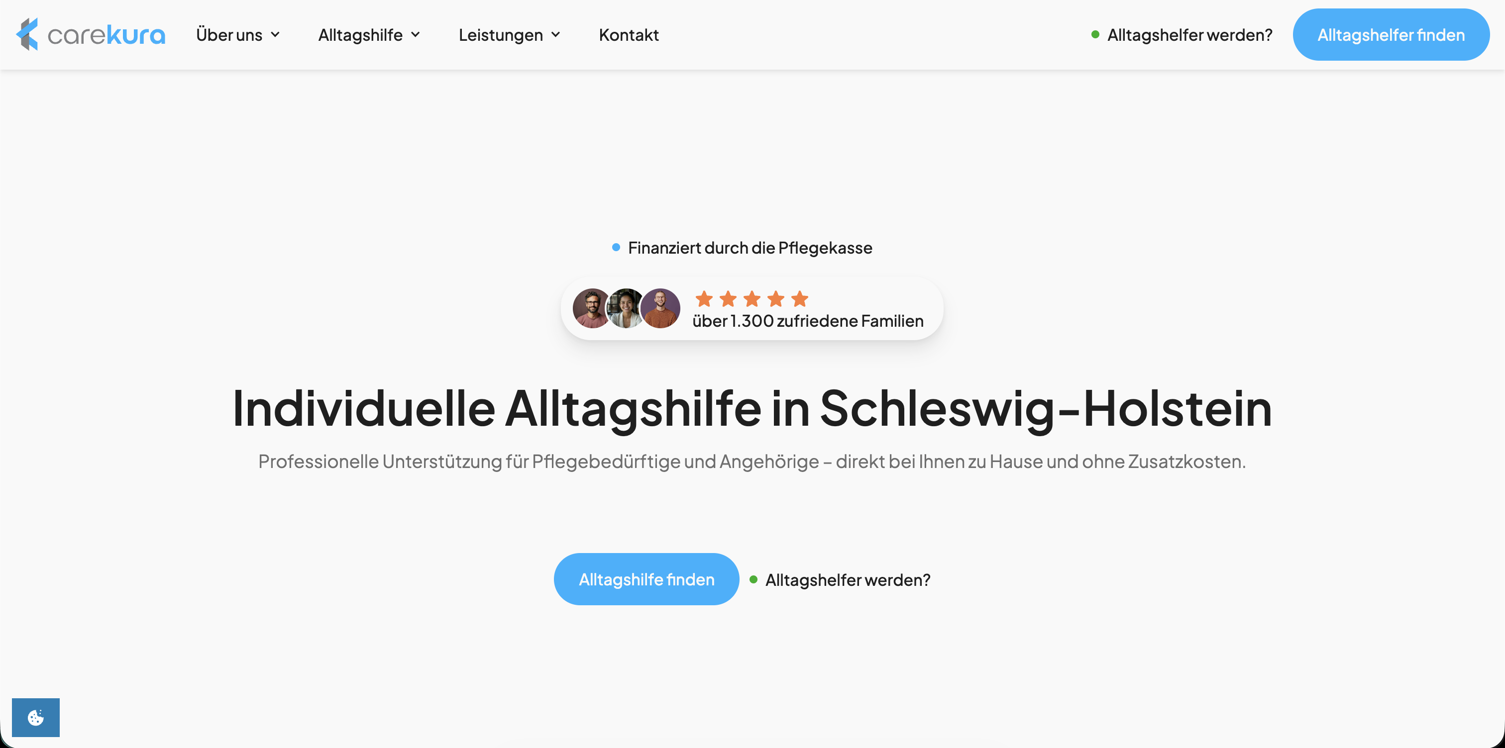 Beispiel einer mit Webflow erstellten Website, Carekura, moderne Darstellung und klare Struktur einer Webflow-Website